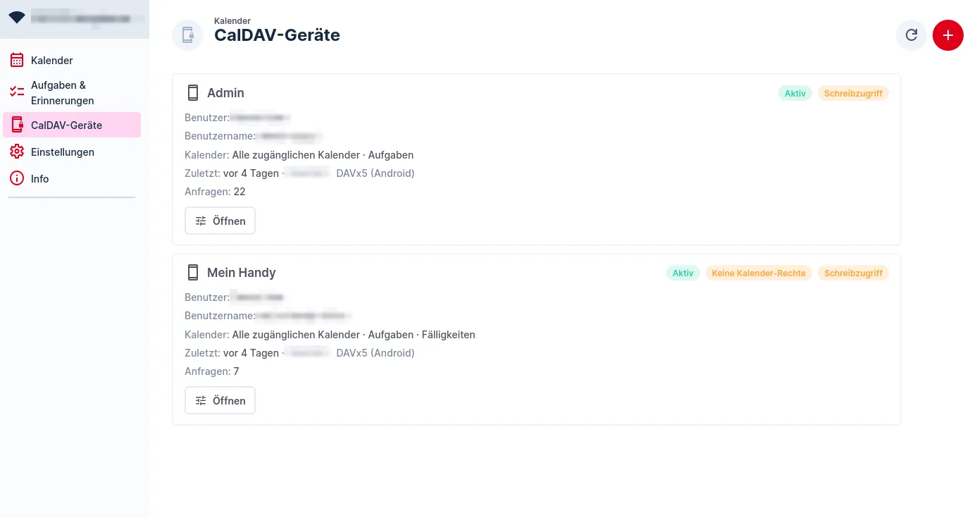 Liste der CalDAV-Geräte mit Status, Kalendern und Schreibzugriff