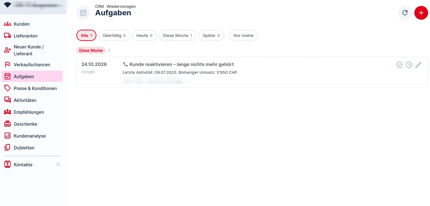 Aufgaben mit Reitern nach Fälligkeit und einer offenen Wiedervorlage