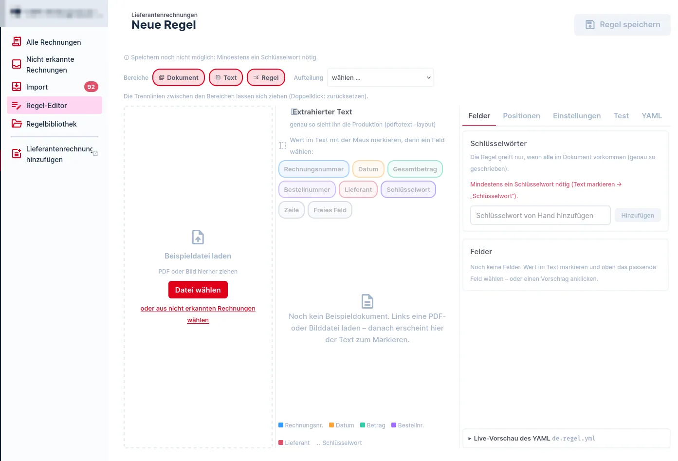 Regel-Editor mit den Bereichen Dokument, Text und Regel sowie den Reitern Felder, Positionen, Einstellungen, Test und YAML