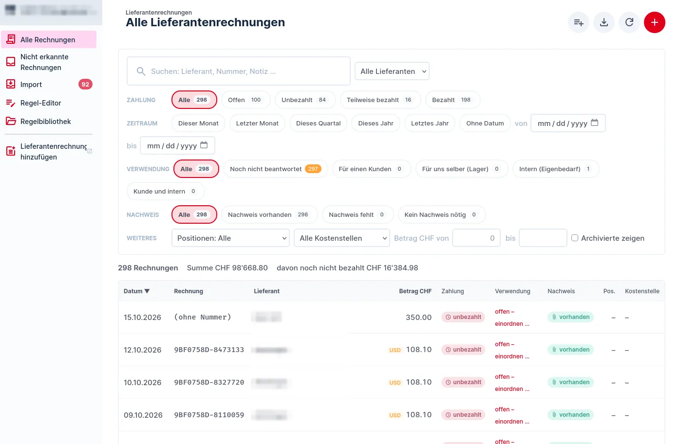 Lieferantenrechnungen: Alle Lieferantenrechnungen