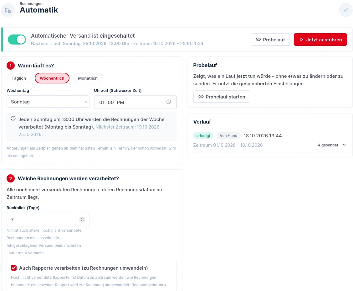 Automatik mit Schalter, Probelauf, Zeitplan und Verlauf