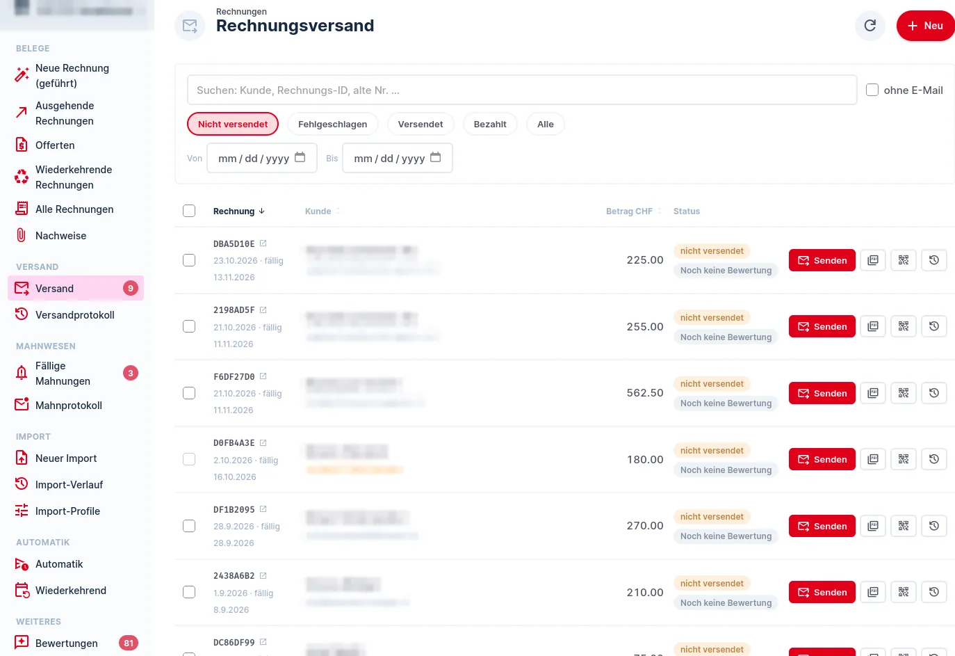 Rechnungen: Rechnungsversand