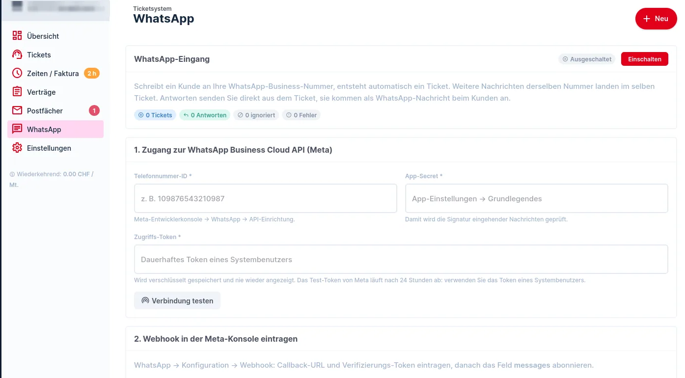 WhatsApp-Seite des Ticketsystems mit den Feldern für den Zugang zur WhatsApp Business Cloud API