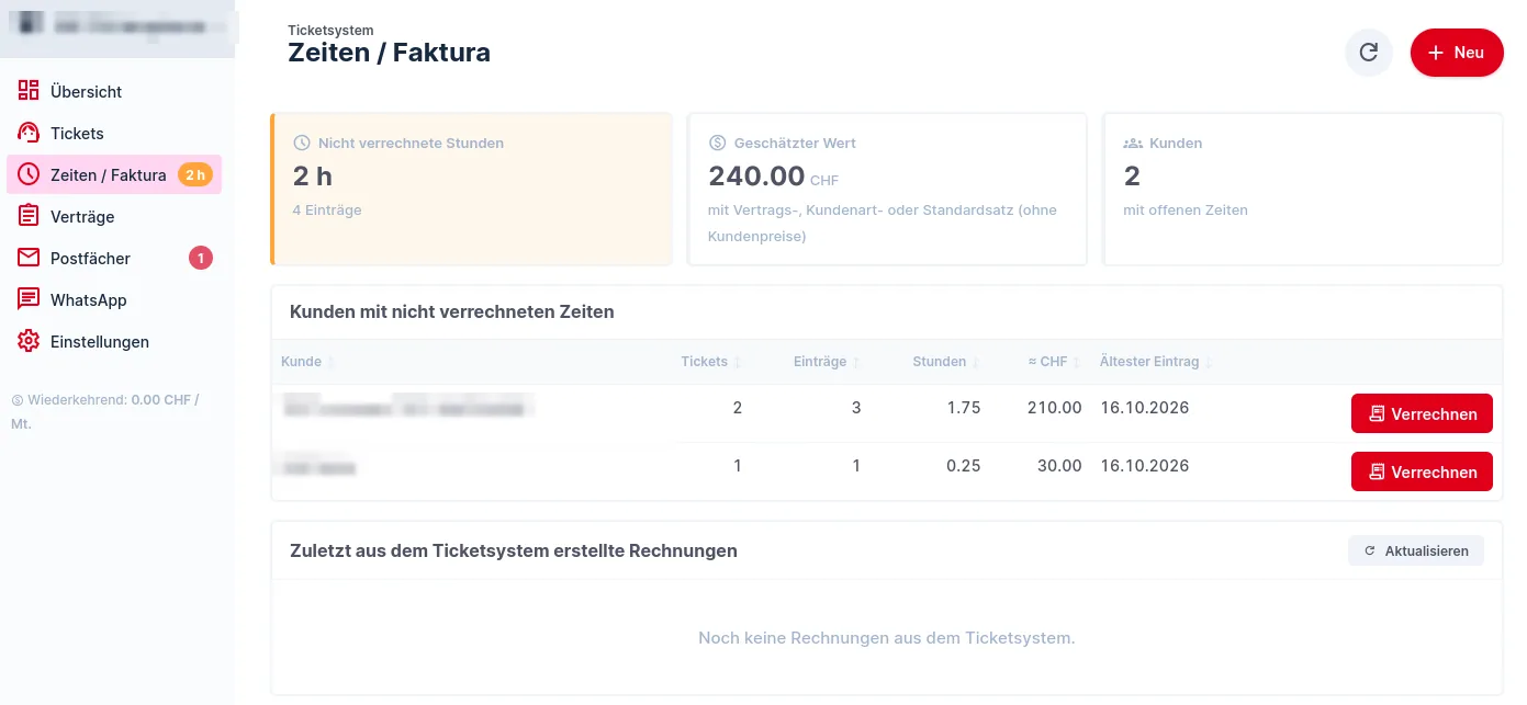 Zeiten / Faktura mit nicht verrechneten Stunden, geschätztem Wert und der Liste der Kunden mit Verrechnen-Knopf