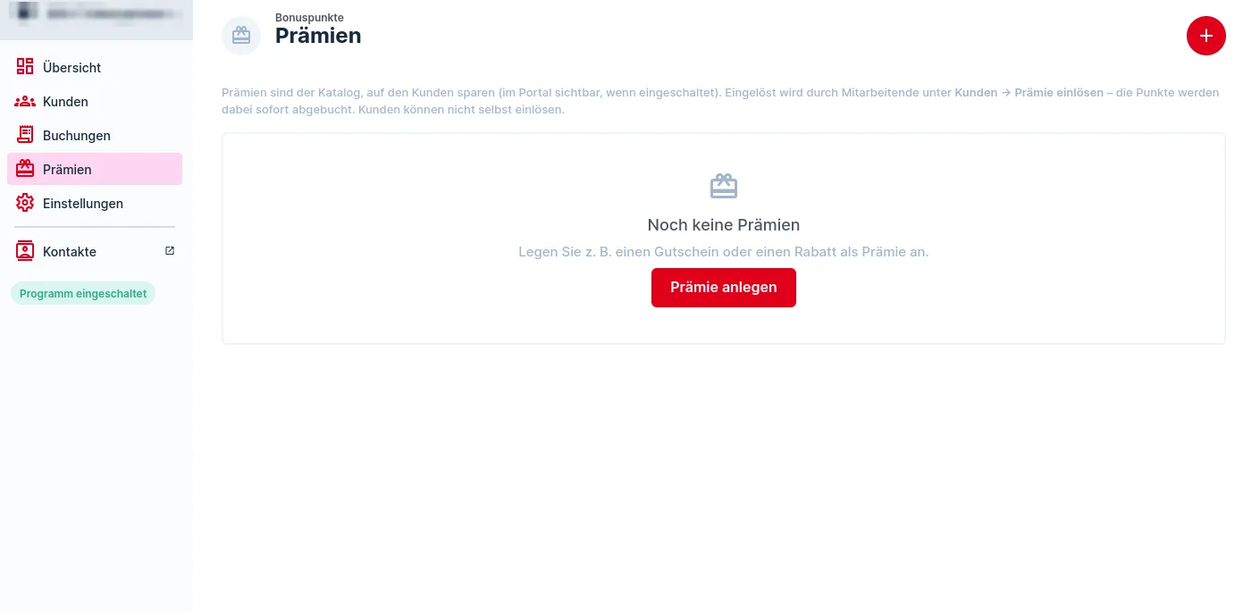 Prämien-Seite mit Hinweis zum Einlösen und leerem Katalog