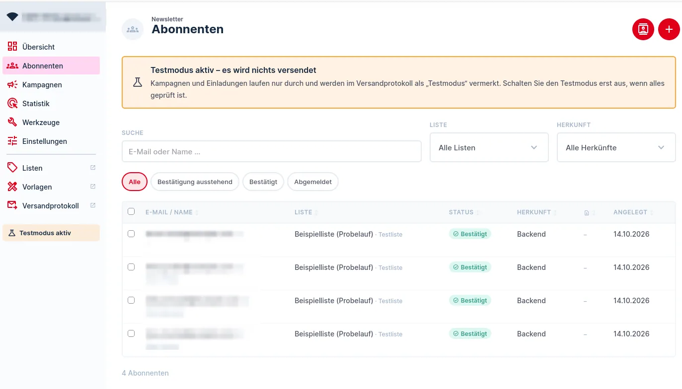 Abonnentenliste mit Suche, Listenfilter und Status-Filtern