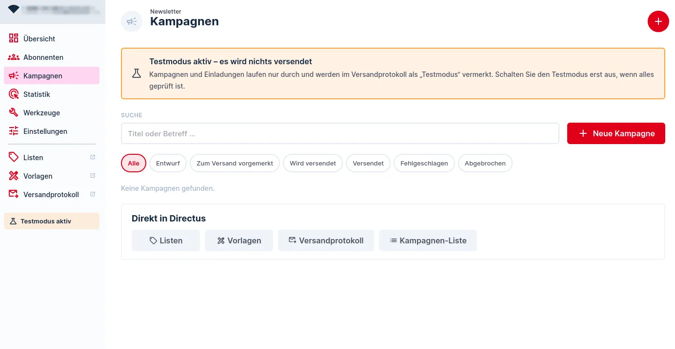 Kampagnenübersicht mit Statusfiltern und Schaltfläche Neue Kampagne