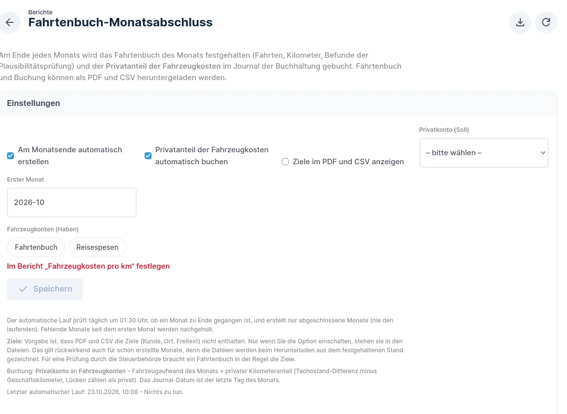 Fahrtenbuch-Monatsabschluss mit Einstellungen für automatische Erstellung, Privatanteil und Fahrzeugkonten