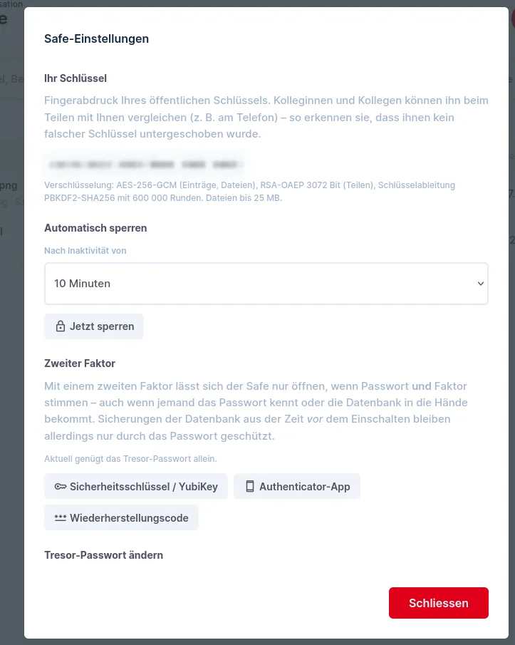 Safe-Einstellungen mit Fingerabdruck, automatischem Sperren und den Optionen für den zweiten Faktor