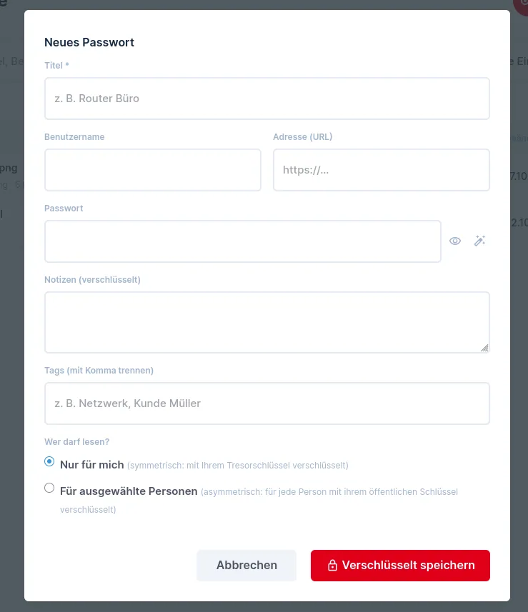 Fenster «Neues Passwort» mit Feldern für Titel, Benutzername, Adresse, Passwort, Notizen und Tags