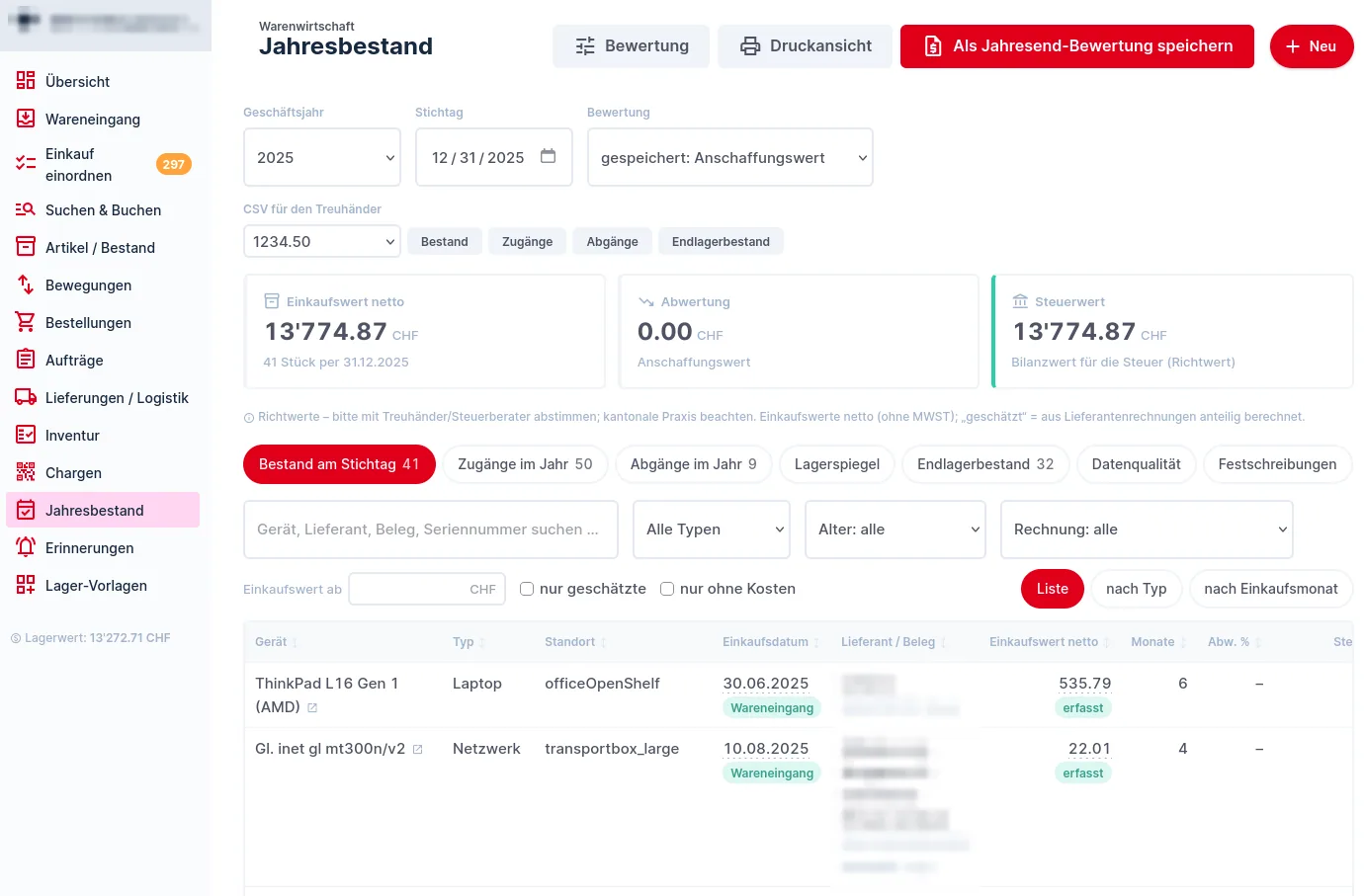 Jahresbestand mit Einkaufswert netto, Abwertung, Steuerwert und der Liste «Bestand am Stichtag»