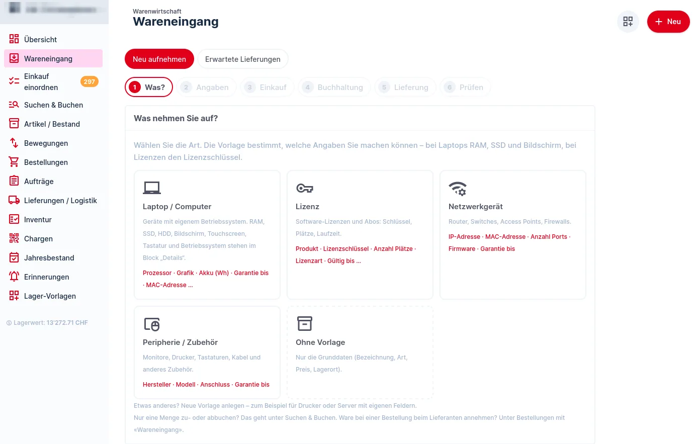 Wareneingang: Schritt 1 «Was?» mit den Vorlagen Laptop / Computer, Lizenz, Netzwerkgerät und Peripherie / Zubehör